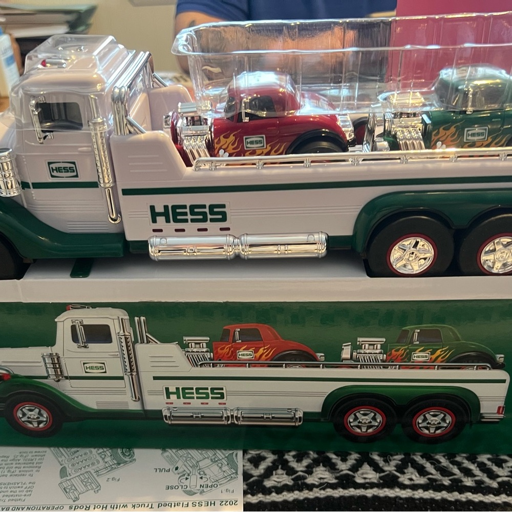 2022 Hess Toy tow Truck with Red and Green hot rods
